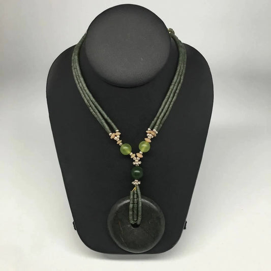 Handmade Double-Strand Green Serpentine Donut Beaded Pendant Necklace 27 Inch
