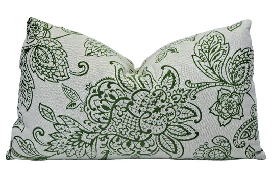 Damask Green Embroidered Botanical 12x20 Throw Pillow Cover Handmade