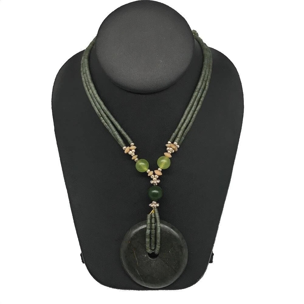 Handmade Double-Strand Green Serpentine Donut Beaded Pendant Necklace 27 Inch