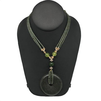 Handmade Double-Strand Green Serpentine Donut Beaded Pendant Necklace 27 Inch