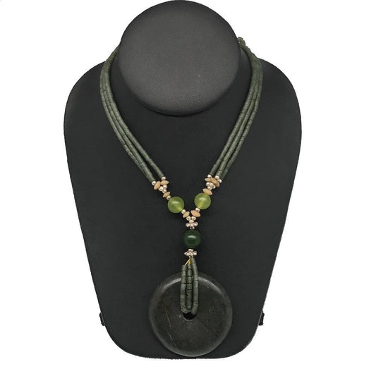 Handmade Double-Strand Green Serpentine Donut Beaded Pendant Necklace 27 Inch