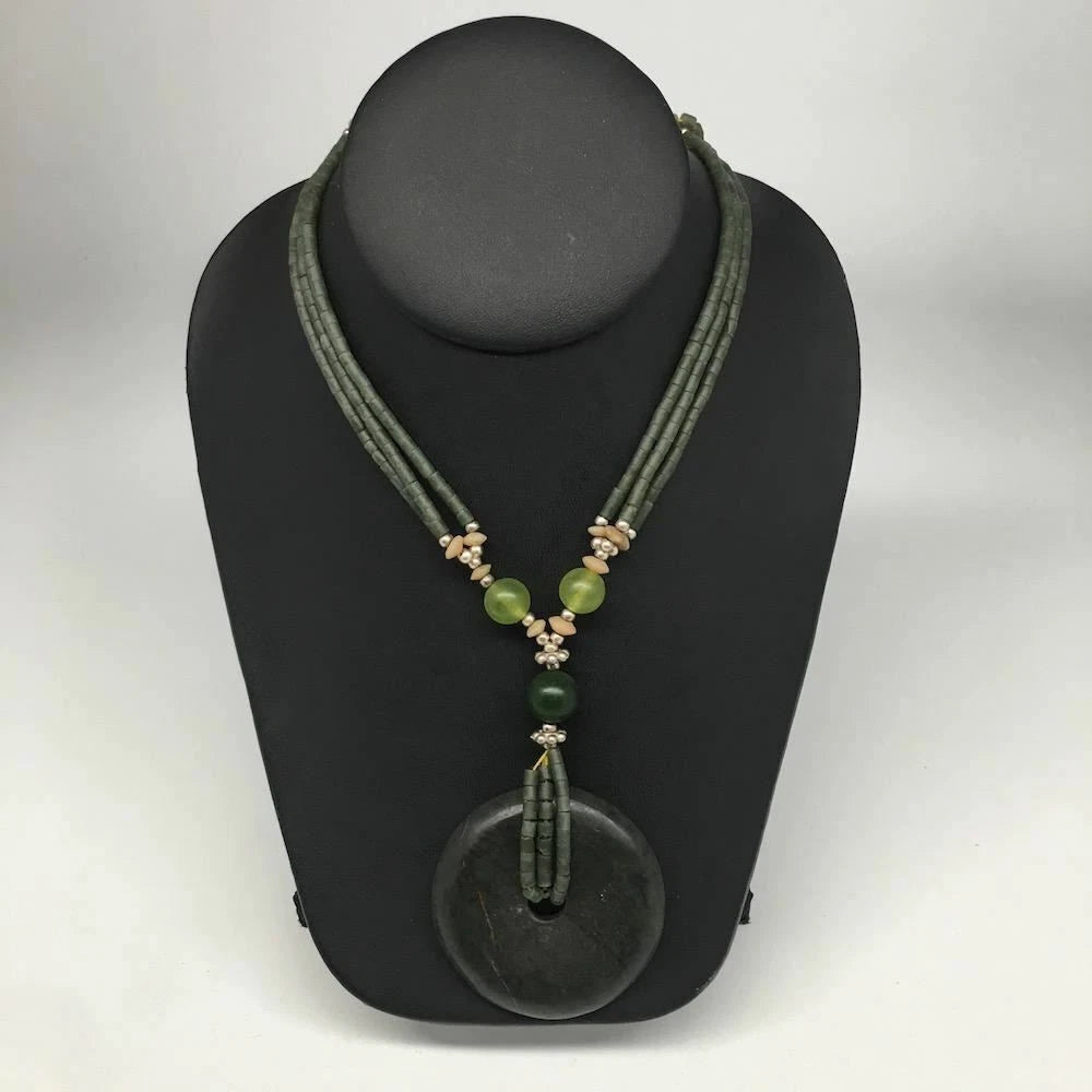 Handmade Double-Strand Green Serpentine Donut Beaded Pendant Necklace 27 Inch