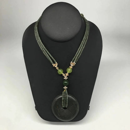Handmade Double-Strand Green Serpentine Donut Beaded Pendant Necklace 27 Inch