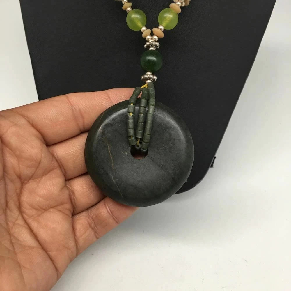 Handmade Double-Strand Green Serpentine Donut Beaded Pendant Necklace 27 Inch