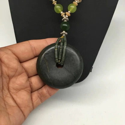Handmade Double-Strand Green Serpentine Donut Beaded Pendant Necklace 27 Inch
