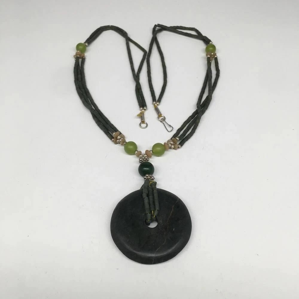 Handmade Double-Strand Green Serpentine Donut Beaded Pendant Necklace 27 Inch