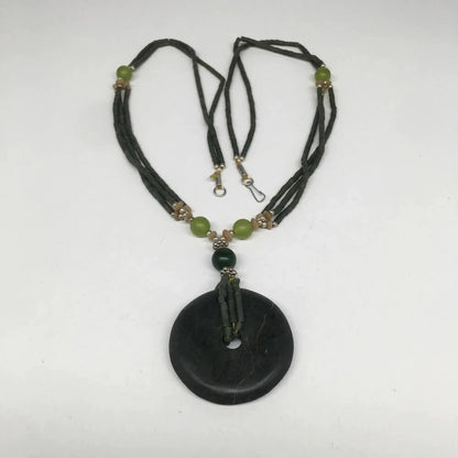 Handmade Double-Strand Green Serpentine Donut Beaded Pendant Necklace 27 Inch