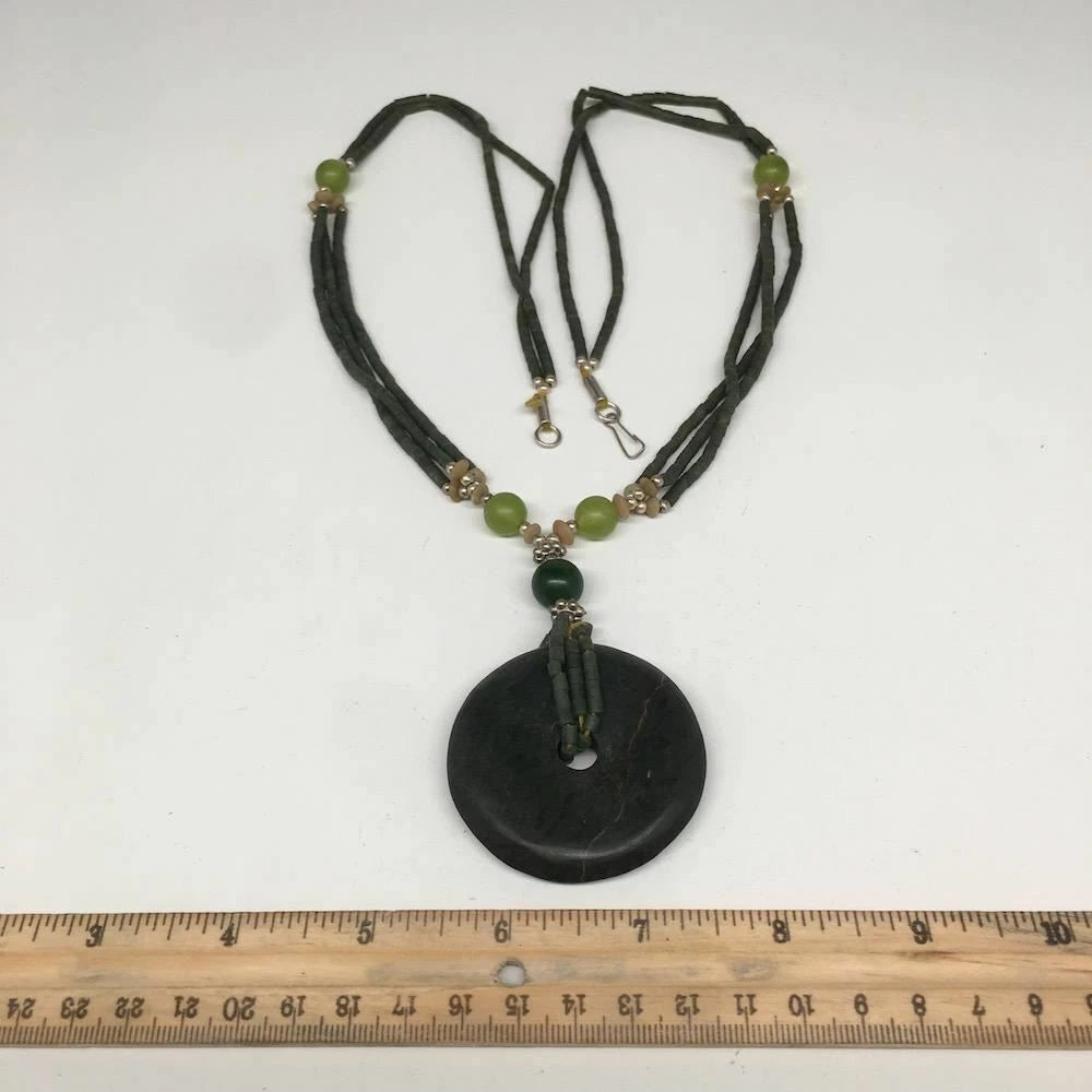 Handmade Double-Strand Green Serpentine Donut Beaded Pendant Necklace 27 Inch