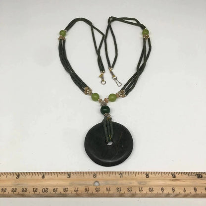 Handmade Double-Strand Green Serpentine Donut Beaded Pendant Necklace 27 Inch