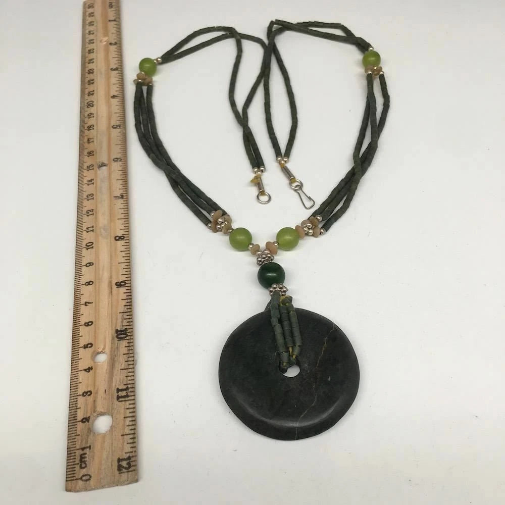 Handmade Double-Strand Green Serpentine Donut Beaded Pendant Necklace 27 Inch