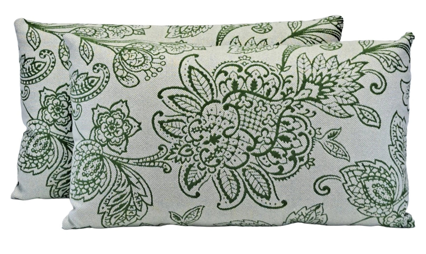 Damask Green Embroidered Botanical 12x20 Throw Pillow Cover Handmade