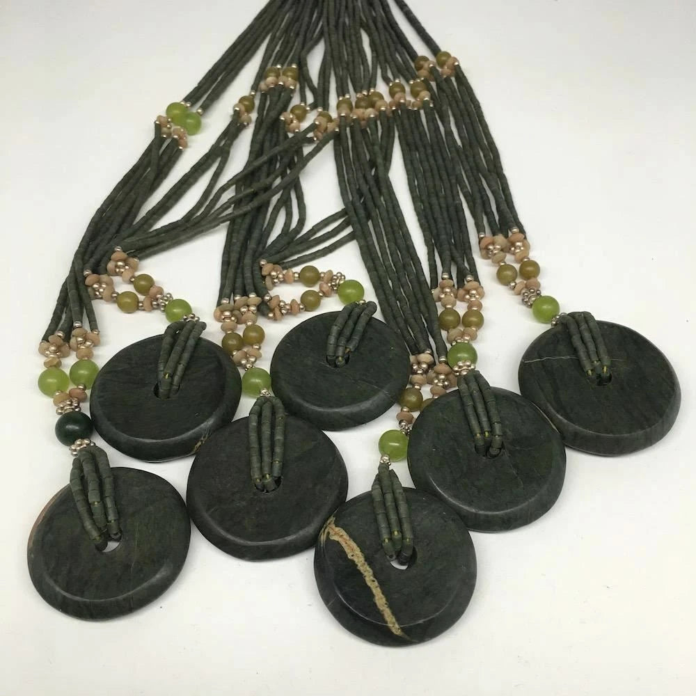 Handmade Double-Strand Green Serpentine Donut Beaded Pendant Necklace 27 Inch
