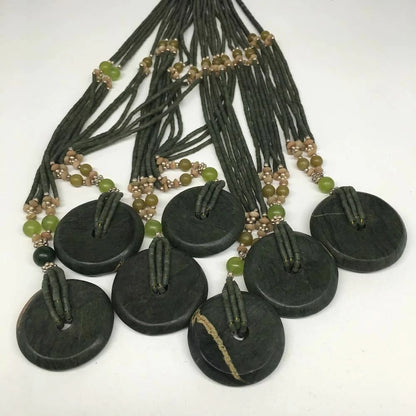 Handmade Double-Strand Green Serpentine Donut Beaded Pendant Necklace 27 Inch