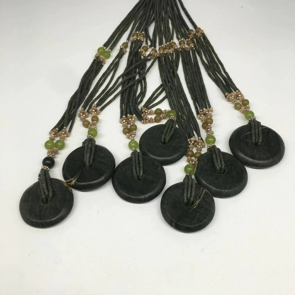 Handmade Double-Strand Green Serpentine Donut Beaded Pendant Necklace 27 Inch