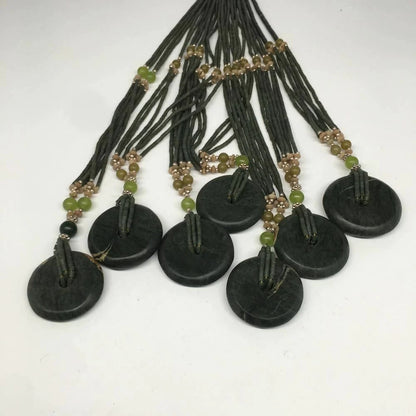 Handmade Double-Strand Green Serpentine Donut Beaded Pendant Necklace 27 Inch
